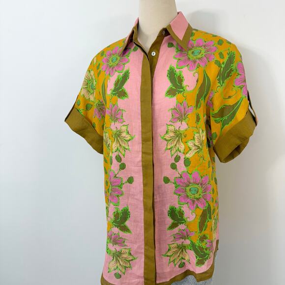 ALEMAIS Winnie Floral Print Linen Shirt Button-Down Top Tangerine US 4 Oversized - Picture 3 of 10